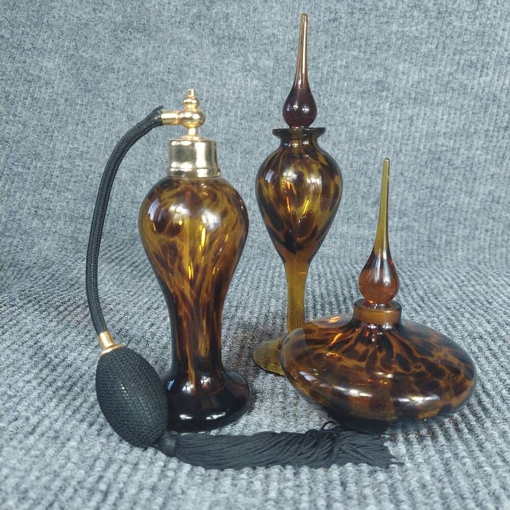 Antique crystal Perfume set Amber tortoise shell 3pc set Crystal Clear